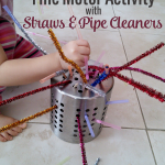 My daughter loves playing with straws so I grab these pipe cleaners and our utensil holder and created this fun fine motor activity with straws and pipe cleaners. I'm pretty sure everyone has something like this in your kitchen, you could also use a plastic strainer.