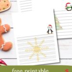 There are three Christmas Notebooking Pages overlapping in the image. Each page has a graphic on the top right of the writing lines. Front page is a penguin, middle page is a smaller penguin and the third page is a stocking with candy canes inside it. The background is mostly white and has gingerbread placed on the left side. The words "free printable Christmas notebooking pages" is written at the bottom behind a green background.