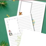 There are three Christmas Notebooking Pages overlapping in the image. On the top left corner of the second and third page, there is a box occupying 1/4 of the paper. The remaining space outside the box is filled with writing lines. The first page has a graphic on the top right of the writing lines. The back ground is green and has a text saying "free printable Christmas notebooking pages" which is written on a red background with a snowman to its left.
