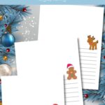There are three Christmas Notebooking Pages overlapping in the image. Each page has a graphic on the top right of the writing lines. Front page is a penguin, middle page is a gingerbread man and the third page is a reindeer. The background is mostly blue and has the words "free printable Christmas notebooking pages" on it.