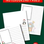 There are three Christmas Notebooking Pages overlapping in the image. On the top left corner of the first and last page, there is a box occupying 1/4 of the paper. The remaining space outside the box is filled with writing lines. The middle page has a penguin graphic on the top right of the writing lines. The background is a Christmas themed green background.