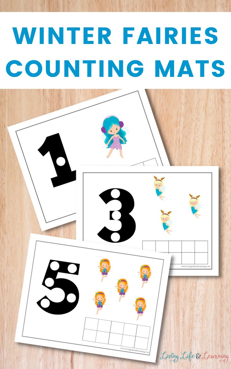 Winter Fairies Counting Mats worksheets spread across a tabletop mockup. 1 with a one fairy graphic, 3 with three fairy graphics, and 5 with five fairy graphics.