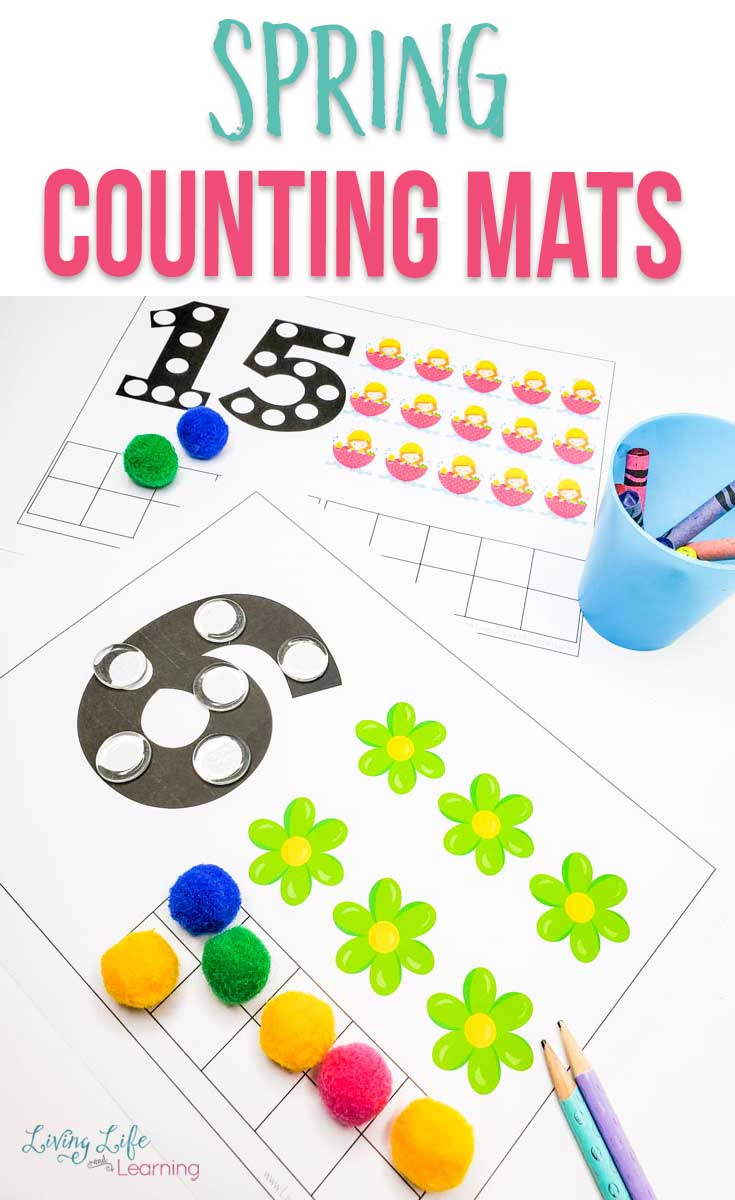 Spring Counting Mats on a table beside a cup with crayons