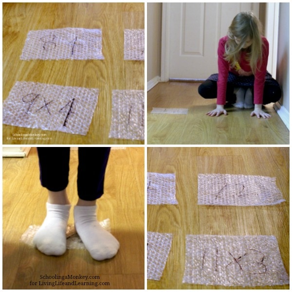 Looking for hands-on math activities? This activity for math fact hopscotch combines gross motor play with math using bubble wrap.