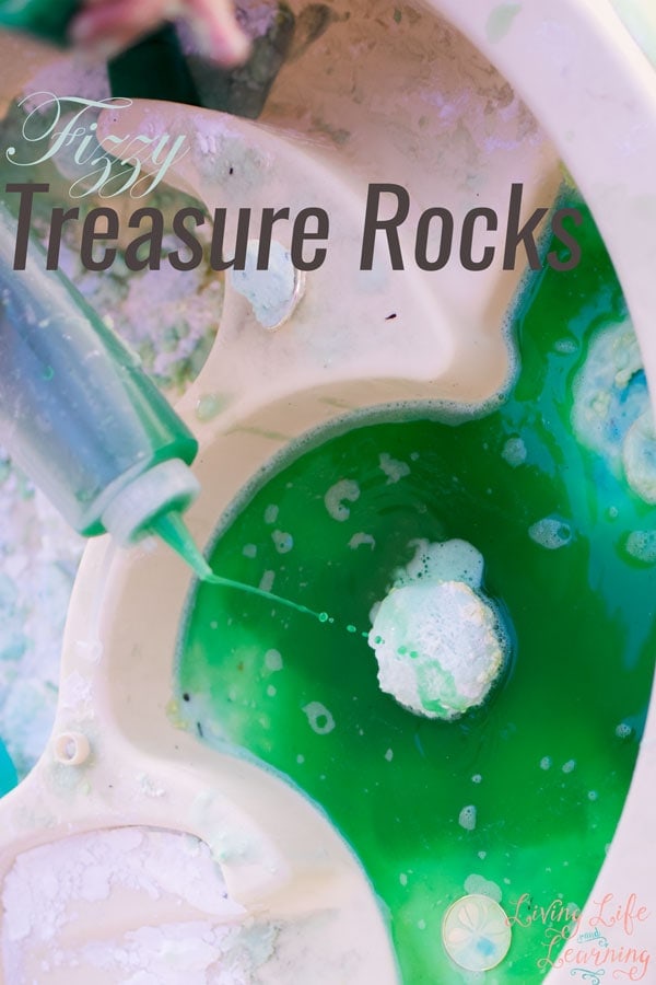 We used previously used baking soda to make Fizzy Treasure Rocks for a very satisfying baking soda and vinegar reaction. My toddler and my preschooler had a blast!