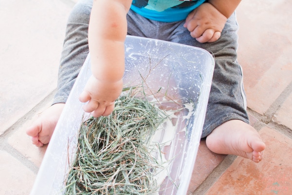 Quick and simple messy activities for toddlers: Three simple ingredients make for a ton of fun with this Goopy Grass Sensory Play activity!