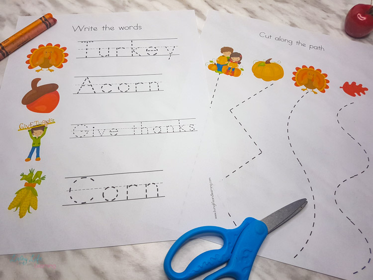 Thanksgiving preschool printablesf or writing and tracing