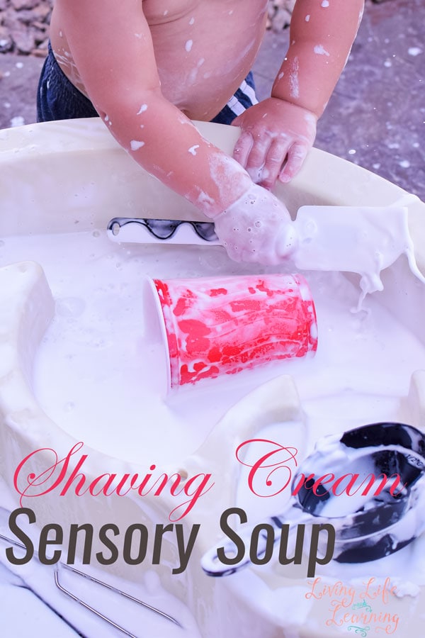 Try this super simple sensory activity that's perfect for sibling play: Shaving Cream Sensory Soup is easy to set up and provides lots of sensory fun for toddlers, preschoolers, and kindergarteners!