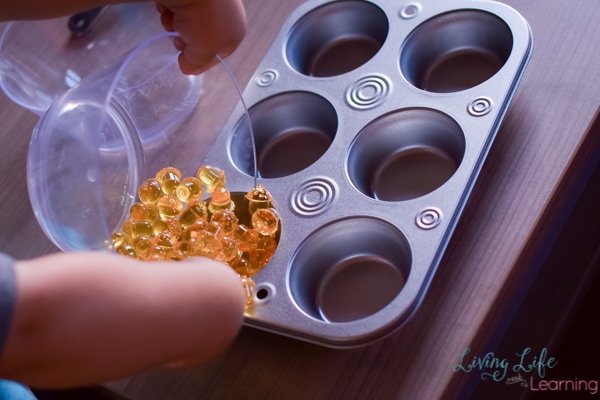 Perfect sensory play for toddlers, but my kindergartener had fun with it, too: Fall Fine Motor Fun with a Muffin Tin, plastic acorns, and plastic leaves.