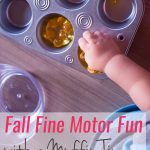 Perfect sensory play for toddlers, but my kindergartener had fun with it, too: Fall Fine Motor Fun with a Muffin Tin, plastic acorns, and plastic leaves.