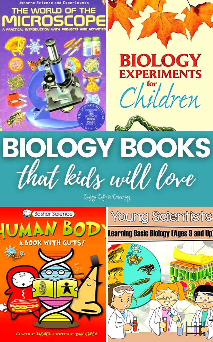 Biology Books That Kids Will Love: Book covers collaged into panels.