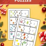 Two math worksheets on top of a yellow Christmas themed backdrop. Christmas Addition Puzzles are written in bold white text on top of a translucent red rectangle.