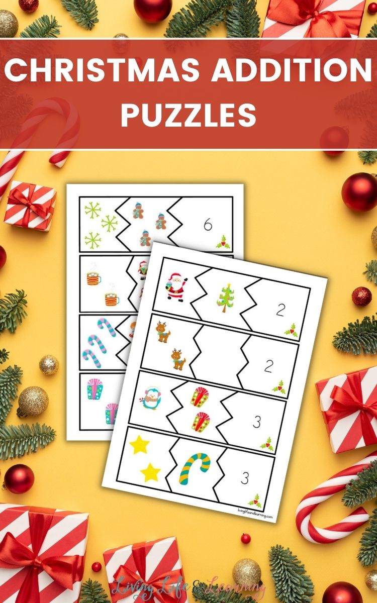 Two math worksheets on top of a yellow Christmas themed backdrop. Christmas Addition Puzzles are written in bold white text on top of a translucent red rectangle.