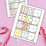 Christmas themed addition puzzlesare overlapping each other in the middle on a pink Christmas themed background with red and white candy canes. Below says Christmas Addition Puzzles.