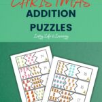 Christmas themed addition puzzles worksheets are placed in the middle of a Christmas themed green background. On top, it says Christmas in a different font, and below that is addition puzzles.