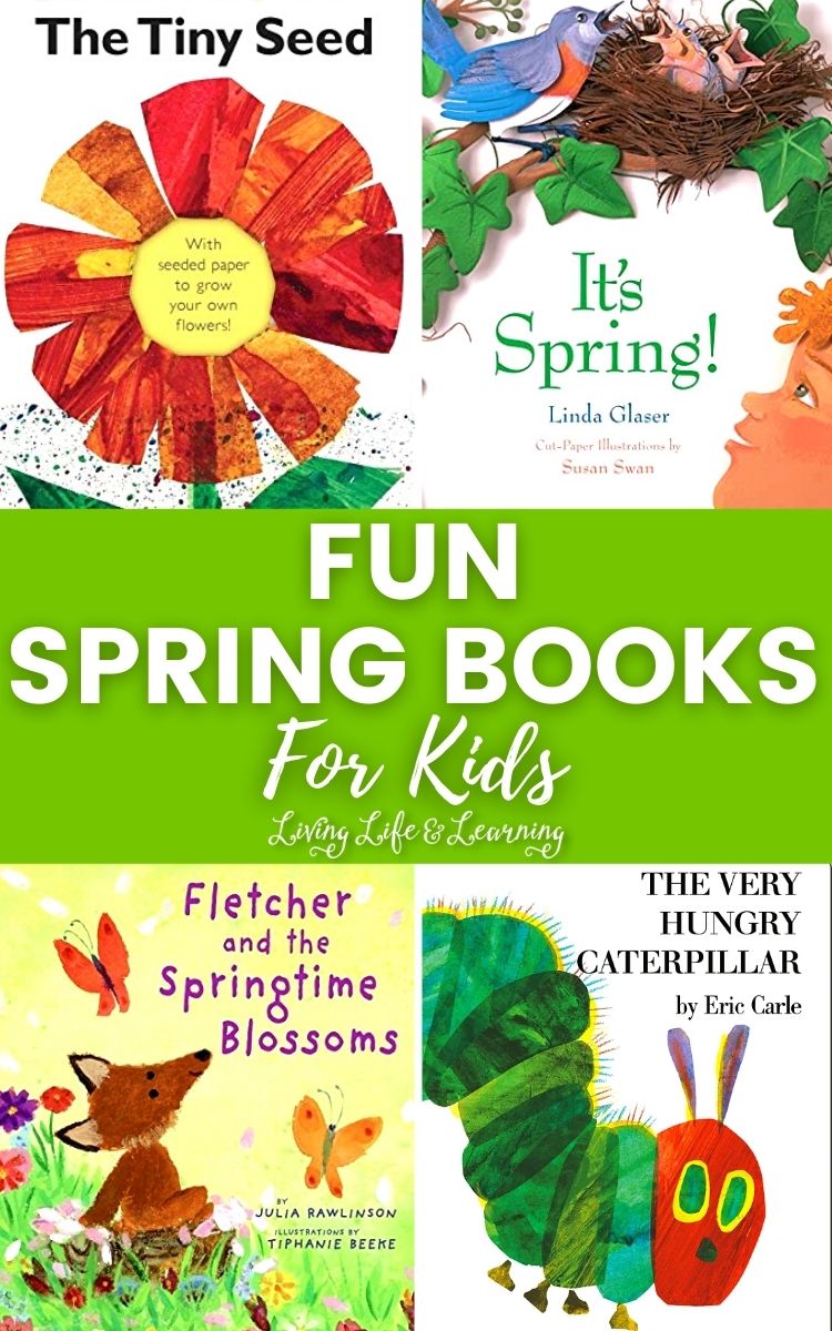 collage of fun spring books for kids