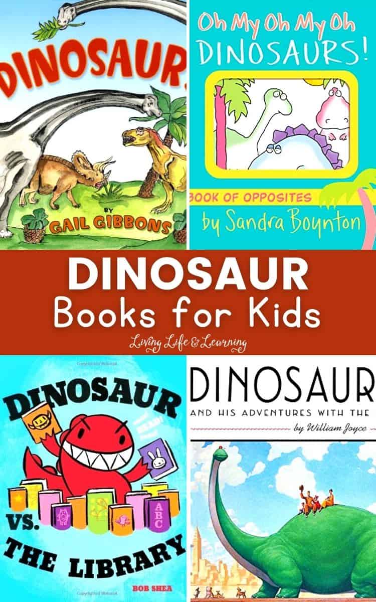 collage of dinosaur books for kids