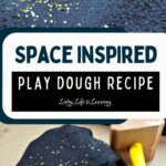 There are two images divided by a text which says space inspired play dough recipe. The top photo contains play dough with gold glitter on it. The bottom image contains an image of the play dough with a kid's hammer next to it.