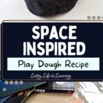 There are two images divided by a text which says space inspired play dough recipe. The top image contains a hand smashing a kid's mallet into the play dough. The bottom picture contains an image of the play dough with a kid's mallet next to it.