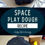 There are two images divided by a text which says space inspired play dough recipe. The bottom picture contains an image of the play dough with a kid's mallet to its right. The top image is the mallet placed on top of the play dough.