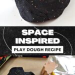 There are two images which is divided by a text saying space inspired play dough recipe. The top image contains a hand smashing a kid's mallet into the play dough. The bottom picture contains an image of the play dough with a kid's mallet next to it.