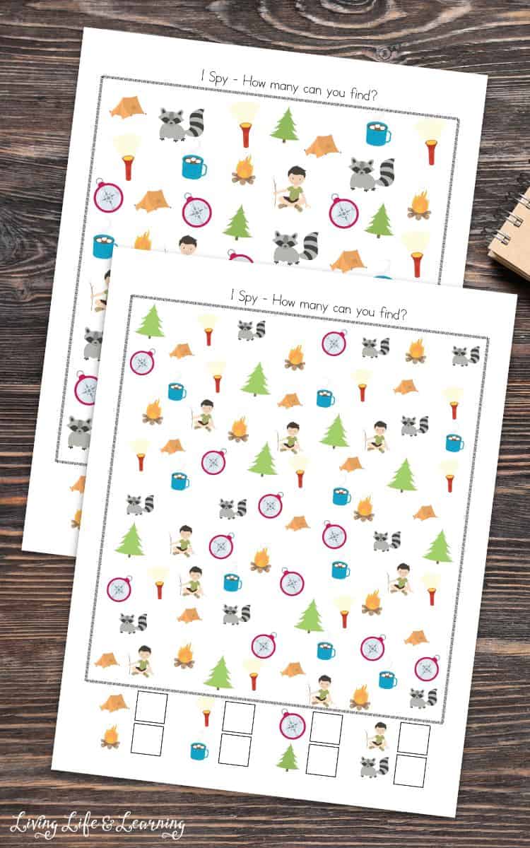 Two Camping I Spy Printables on a table