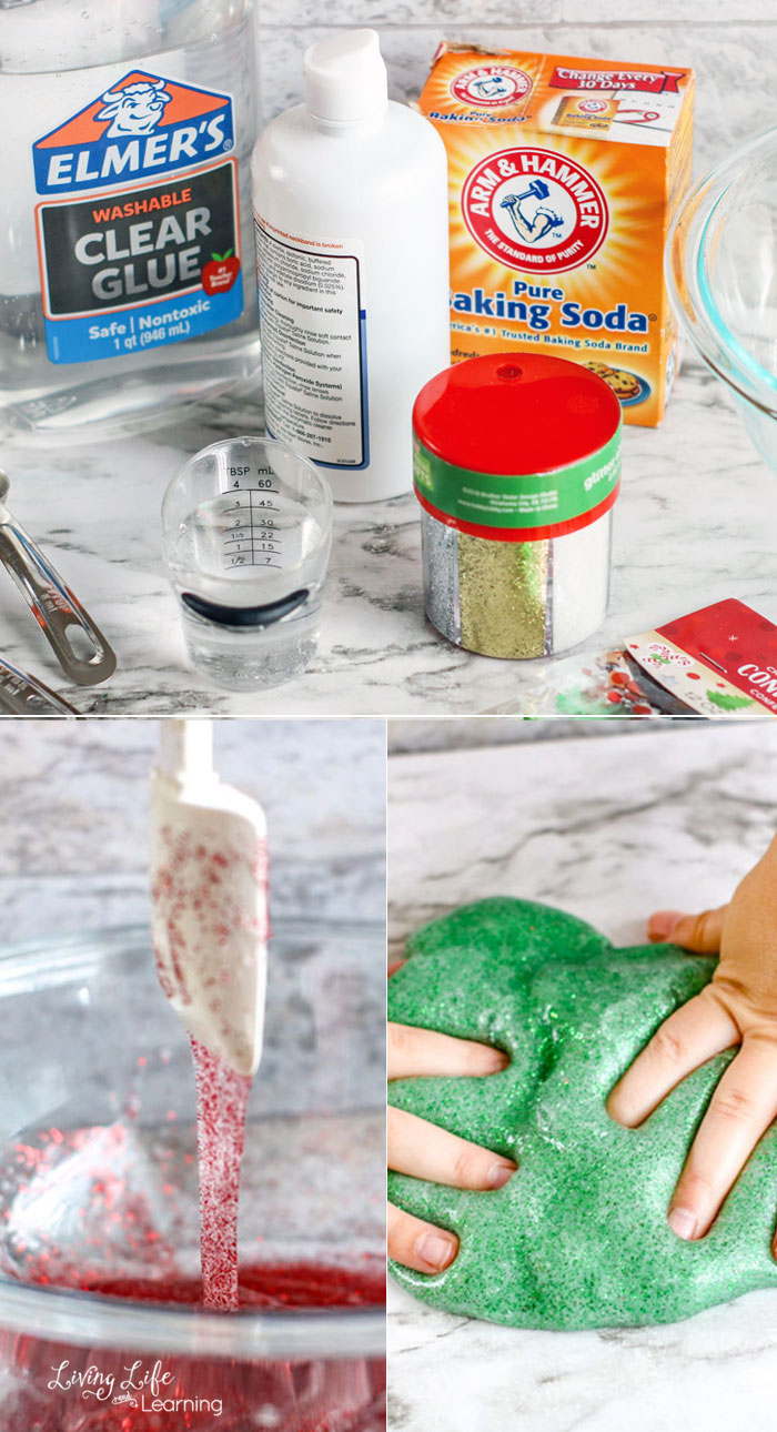 All you need to make Christmas slime is glue, baking soda, water, glitter and contact lens solution.