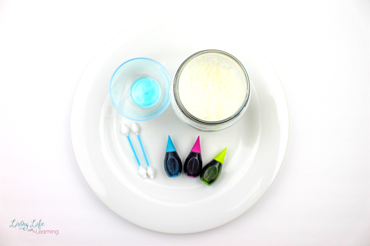 The materials you need for this magic milk experiment on their plate: milk, food coloring, cotton swabs and dish soap. 