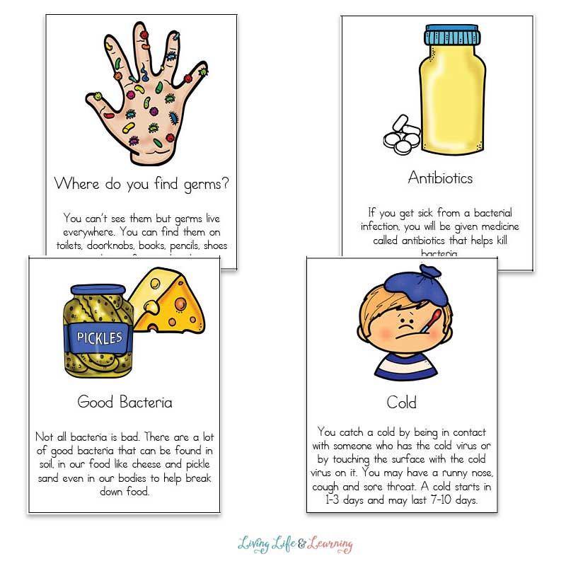 Nobody likes to get sick. So teach your kids about what germs are and how we should be fighting germs with these fun printable cards! 