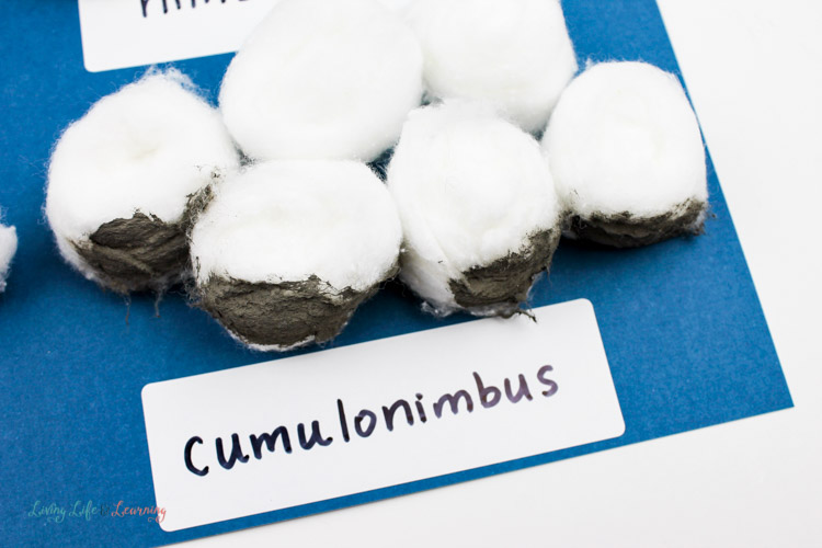 types of cloud experiment showing cotton balls dipped with grey paint