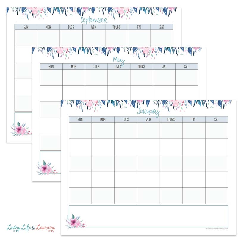 Printable monthly homeschool calendars