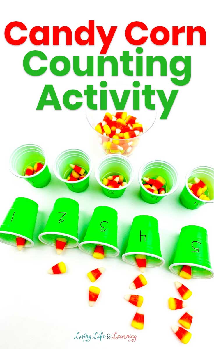 Playing with math is fun and delicious, with this super simple candy corn counting activity.  Sort candy corn pieces into bright green mini plastic cups.