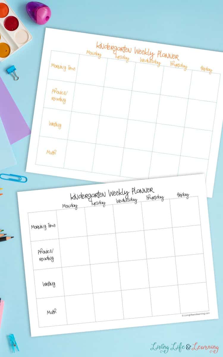 two pages of Weekly Planner for Kindergarten on a table