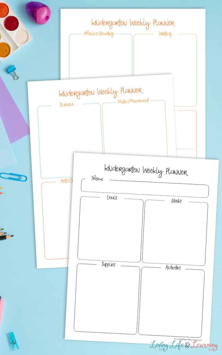 three pages of Weekly Planner for Kindergarten on a table