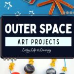 There are two images of outer space art projects. The top image is popsicle stick rocket ship and the bottom image is outer space jewelry