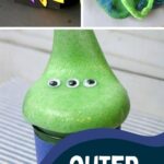 There are three images of outer space art projects. The top left image is space rocket pop-up card. The top right image is alien play dough and the bottom image is Alien slime