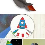 There are four outer space craft ideas in this image. The top craft idea is origami rockets. The middle is a printable space spinner. Bottom left is a rocket craft and the bottom right is a toilet paper satellite craft