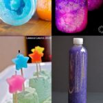 Space experiments: Top left: Sugar crystals with different colors. Top right: Galaxy-themed liquid (pink and purple) in a jar. Bottom left: Green kinetic sand impaled with a star on a stick. Bottom right: Purple galaxy themed liquid inside a bottle.