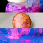 (From top to bottom) First panel: Jar with painted galaxy inside. Second panel: galaxy colored liquid in a jar. Third panel: A spherical planet-like sand and a dropper on top of it. Fourth panel: Purple and blue oobleck. Space Experiments is written on the most bottom part.