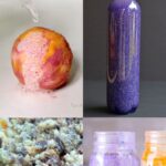 Space Experiments is written on the very top panel. Top left panel: A spherical planet-like sand and a dropper on top of it. Top right panel: Purple galaxy-themed liquid inside a bottle. Bottom right panel: Crushed biscuits and snacks that looks like rocks and gravel. Bottom left panel: sugar crystals in a jar with different colors.