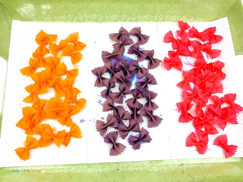 Dyed pasta drying for the Pasta Butterfly Craft