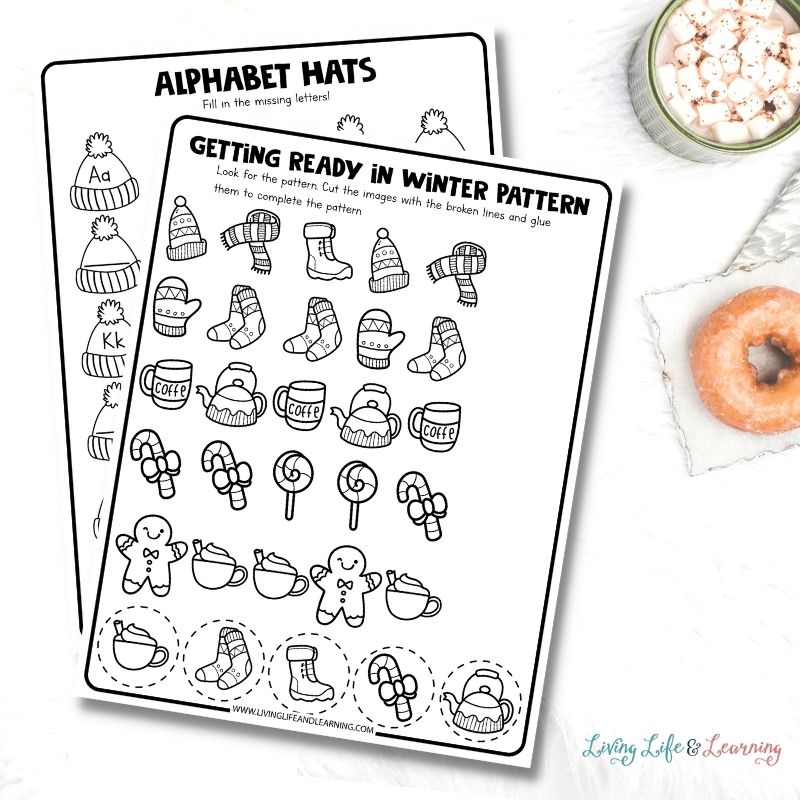 worksheets about looking for patterns to get ready in winter and filling in missing letters placed on a desk next to a cup of hot chocolate and a doughnut
