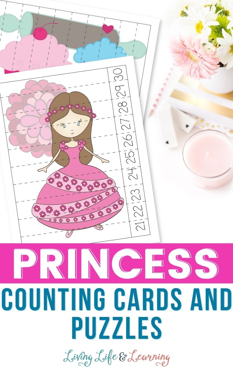 Princess counting cards and puzzles on a table beside a pink candle