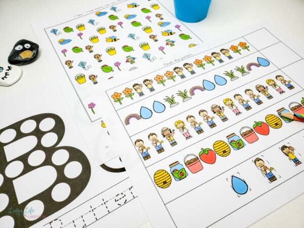 spring learning printables on a table