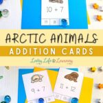 There are two images, three arctic animals addition cards placed on a table