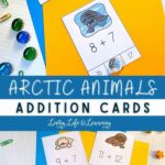 There are two photos both with three arctic animals addition cards placed on yellow paper
