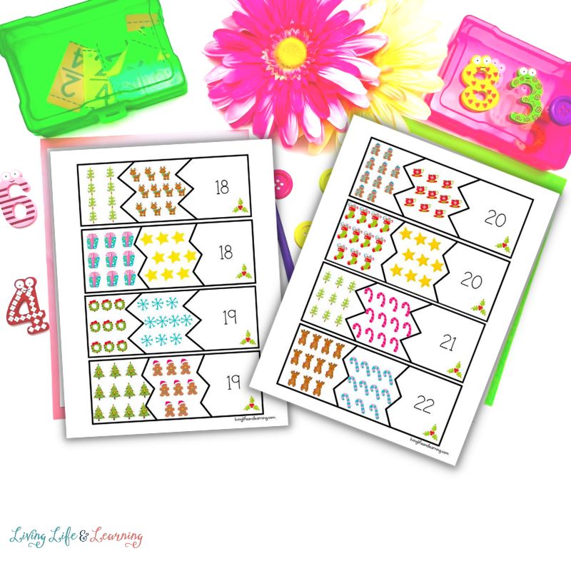 Two Christmas Addition Puzzle math worksheets on top of each other surrounded by school supplies with math activities and flowers.