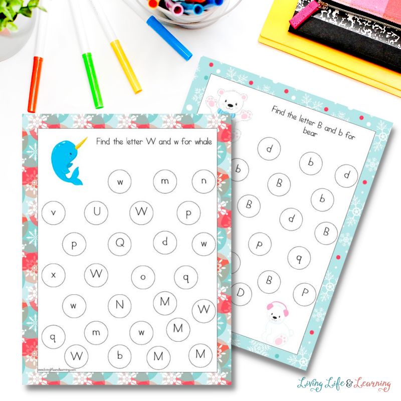 Two Winter Letter Find Worksheets are overlapping, surrounded by colorful stationery.