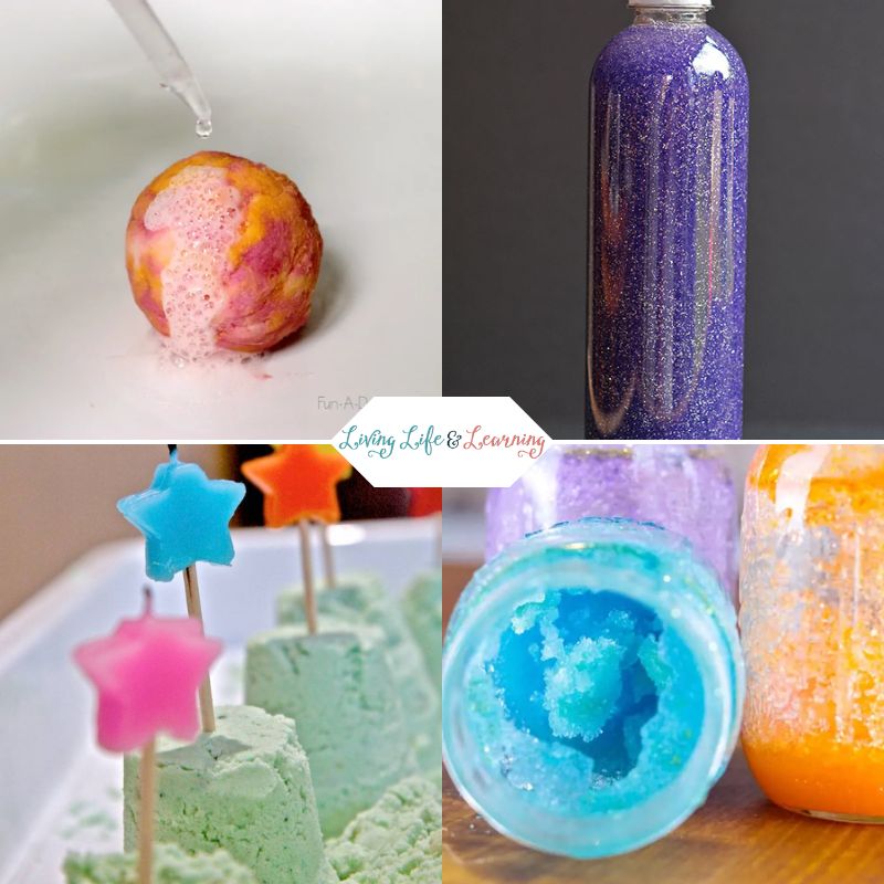 Top left panel: A spherical planet-like sand and a dropper on top of it. Top right panel: Purple galaxy-themed liquid inside a bottle. Bottom left panel: Green kinetic sand impaled with a star on a stick. Bottom right panel: sugar crystals in a jar with different colors.