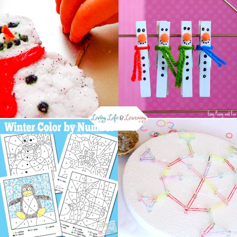 Winter Activities for 1st Grade: Top left: fizzy snowman experiment. Top right: Snowmen made from clothespins. Bottom left: Winter Color by Numbers worksheets. Bottom right: Circle snowflake experiment. 